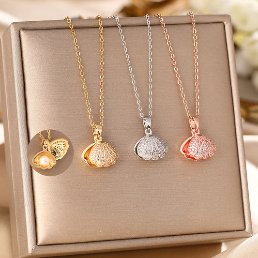 Korean version of diamond-encrusted fashion shell pearl titanium steel necklace women's anti-fading temperament fan-shaped pendant collarbone chain jewelry