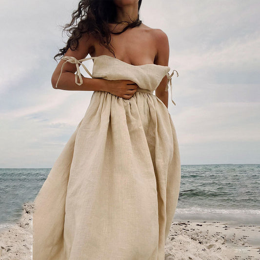 Pure cotton V-neck suspender skirt women's European and American spring new temperament elegant sexy strap backless dress