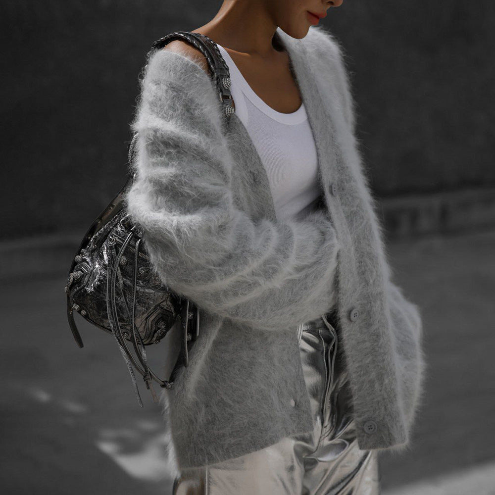 Cross-border imitation mink knitted sweater cardigan European, American autumn and winter lazy loose long-sleeved V-neck sweater jacket women