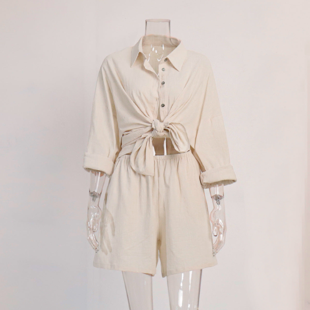Shirt set European and American summer new women's vacation casual loose long-sleeved shirt + shorts set   suits
