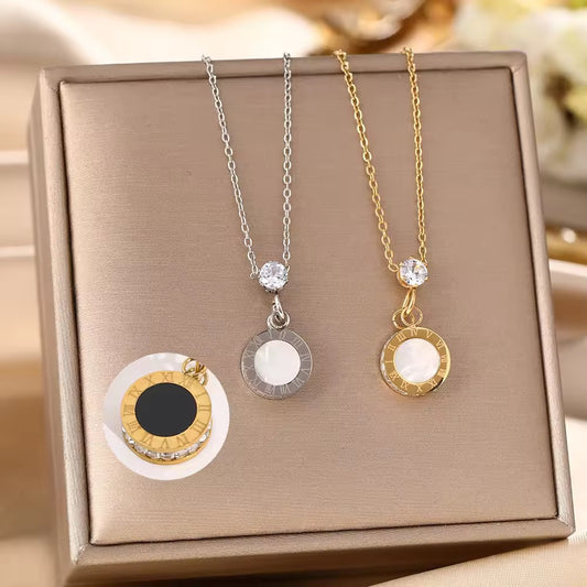 Hot-selling new titanium steel necklace women's black and white shell double-sided Roman pendant personalized light luxury trendy collarbone chain jewelry
