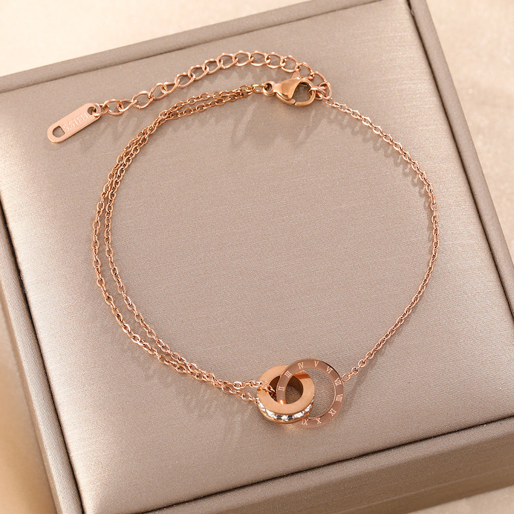 European and American cross-border Roman double-ring titanium steel necklace women's full diamond collarbone chain fashionable versatile high-end sense does not fade jewelry