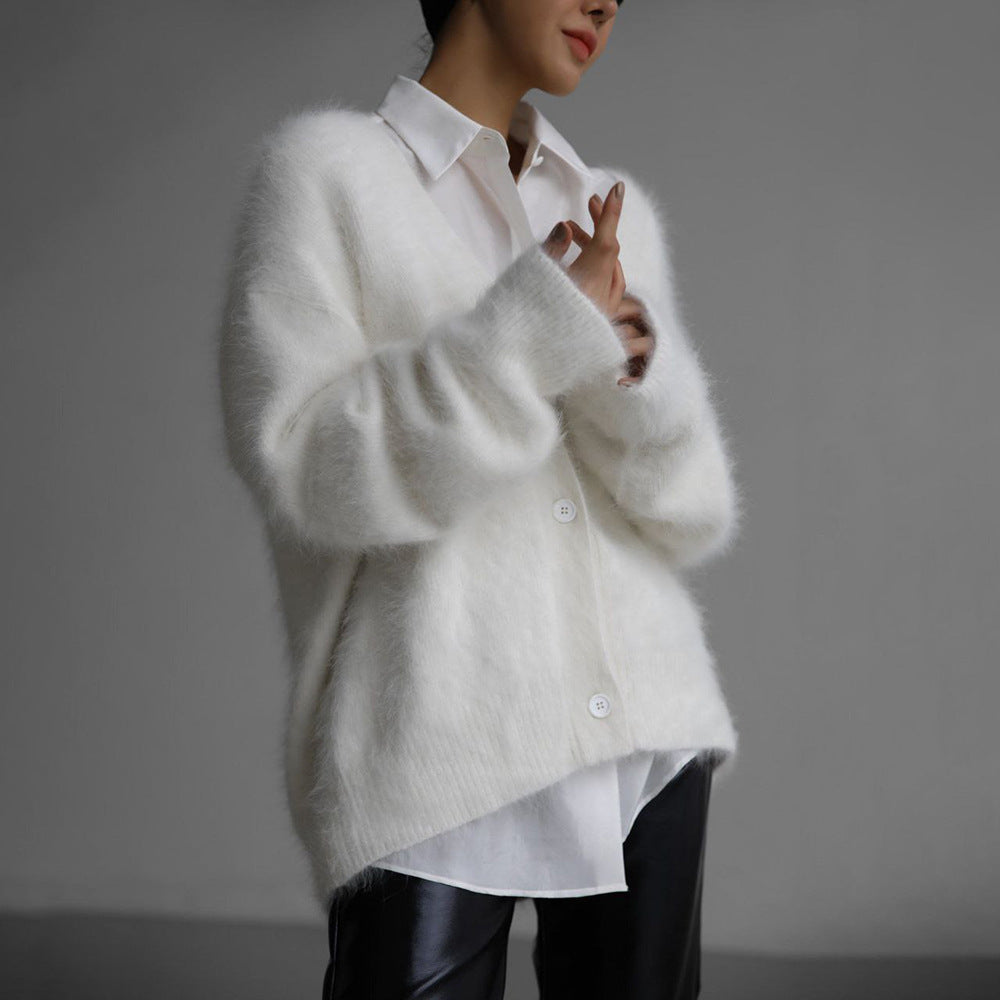 Cross-border imitation mink knitted sweater cardigan European, American autumn and winter lazy loose long-sleeved V-neck sweater jacket women