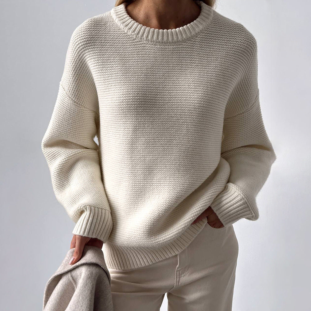 Crew neck knitted sweater European, American autumn and winter new temperament simple lazy pullover pure white crew neck sweater