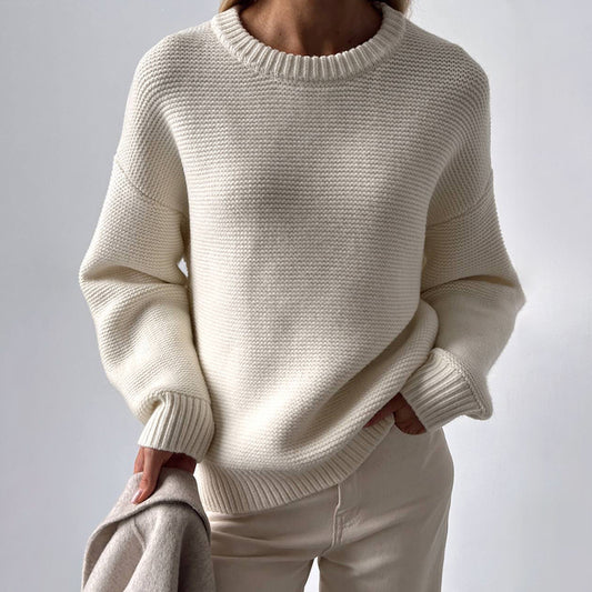 Crew neck knitted sweater European, American autumn and winter new temperament simple lazy pullover pure white crew neck sweater