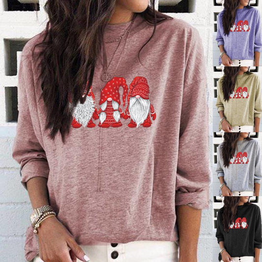 New Santa Claus Holiday Printed Crew Neck Long Sleeve T-Shirt Casual Bottom Top Women