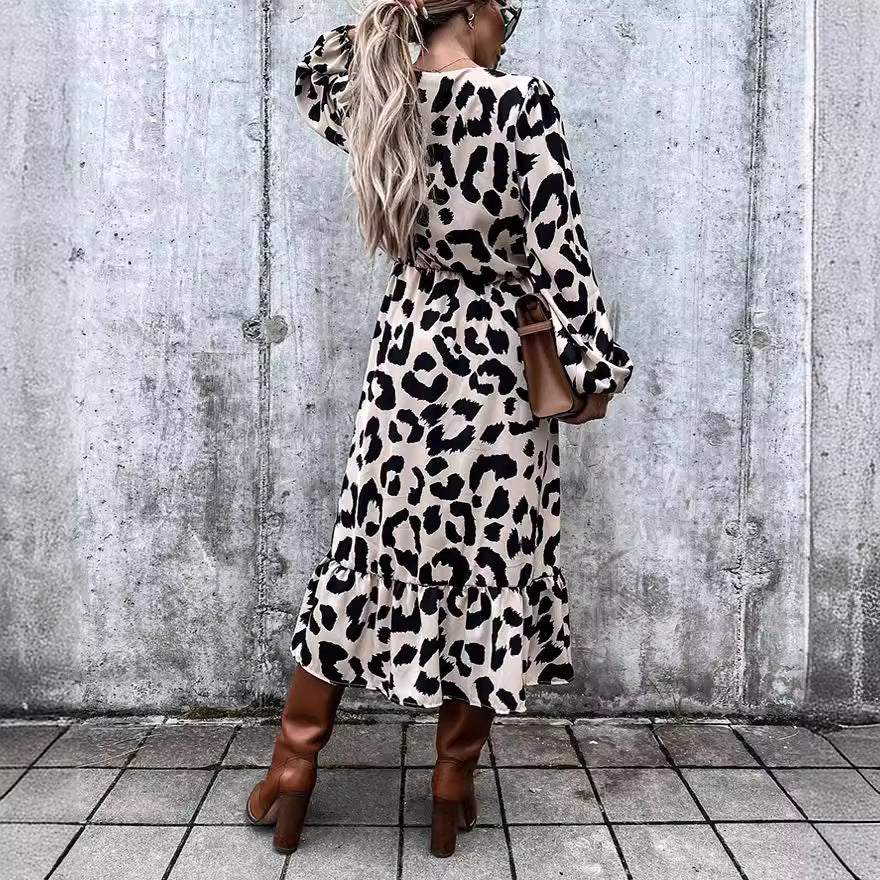 Cross-border European and American foreign trade women's clothing autumn and winter new temperament slim-fitting pullover printed dress