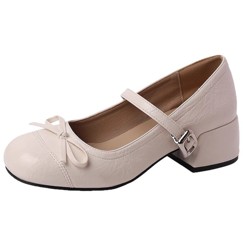 Retro casual high heels summer new fashion fairy leather shoes bow Mary Jane shoes French women's single shoes beanie shoes