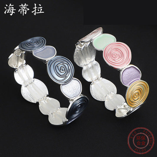 New round rose oil environmentally friendly alloy bracelet, artificial color oil elastic adjustable bracelet
