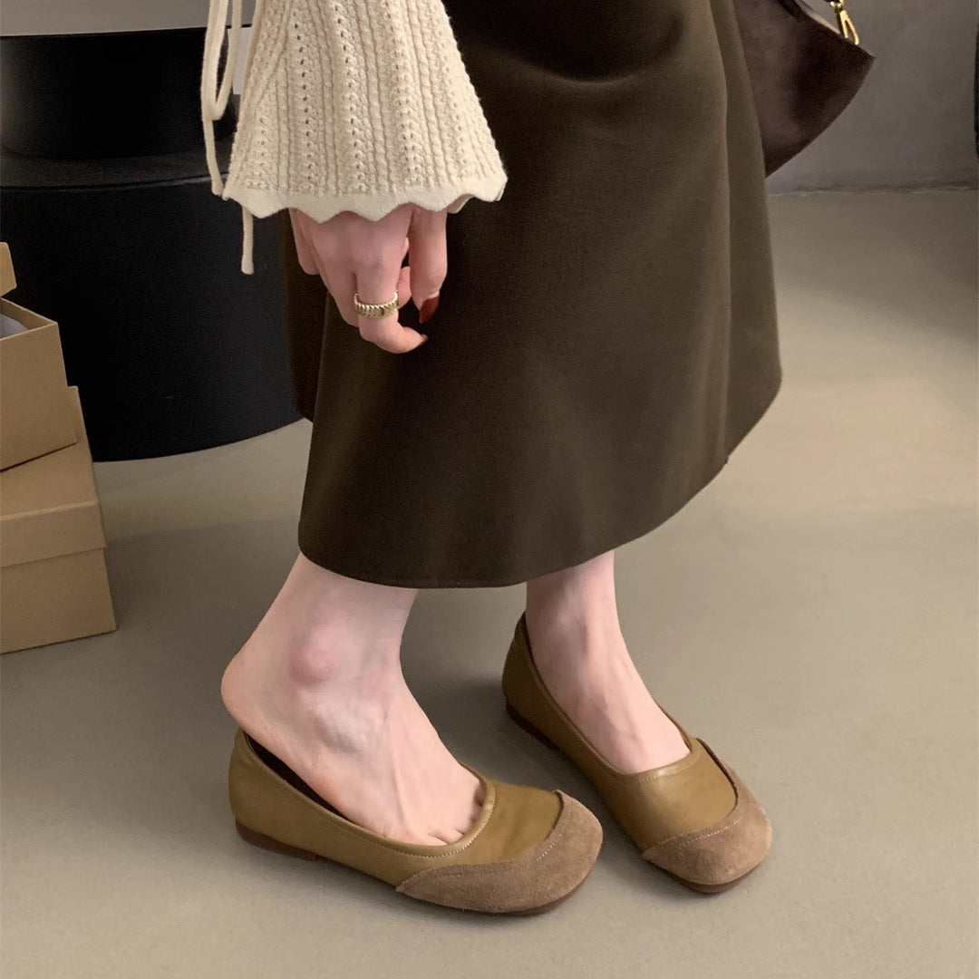 Floating mica ballet  soft leather flat-soled ballet shoes Mary Jane spring and autumn contrasting color design single beanie shoes women