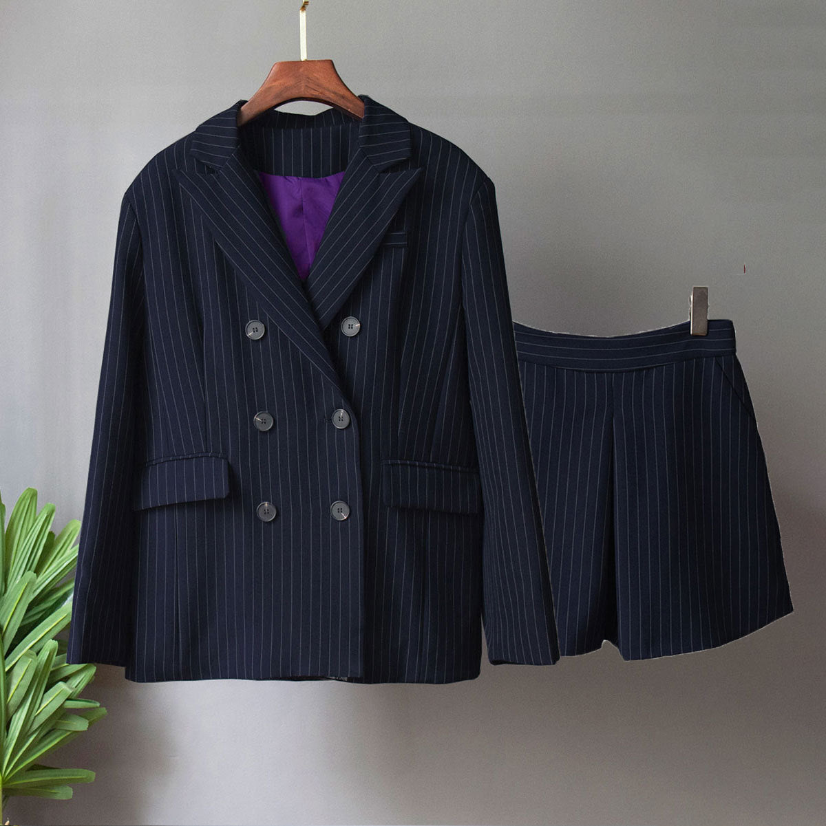 Striped suit shorts set European and American spring loose commuter suits + trouser skirt two-piece set