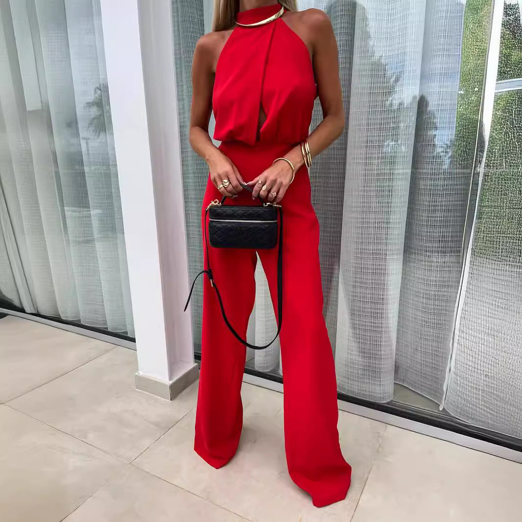 cross-border summer European and American women's clothing ins new fashionable semi-turtleneck sleeveless slim jumpsuit  suits