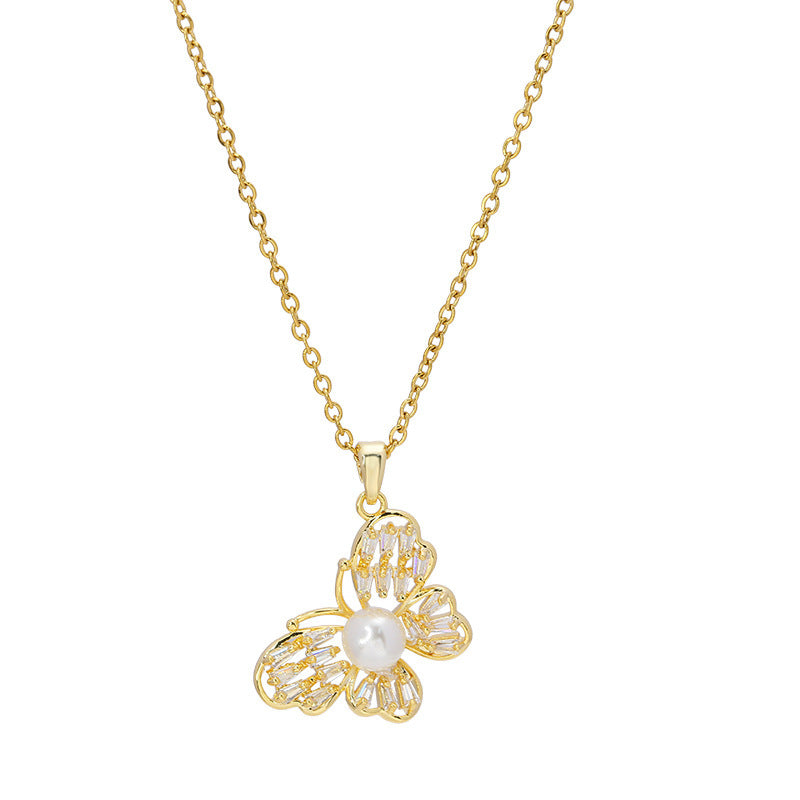 Pearl butterfly titanium steel necklace slightly inlaid with diamonds, exquisite versatile zircon light luxury, diamond-inlaid women do not fade collarbone chain