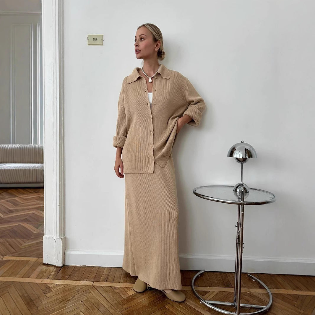 Knitted cardigan skirt set Europe, America 2025 autumn and winter Polo neck cardigan two-piece sweater set women