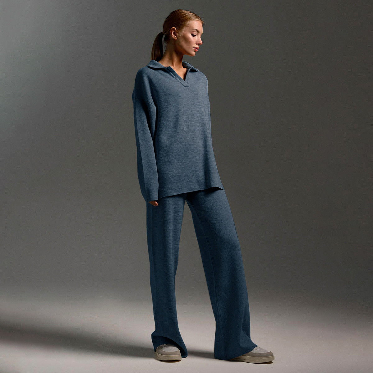 Knitted set European and American autumn and winter sweater set Polo neck knitted jumper + wide-leg trousers two-piece set  suits