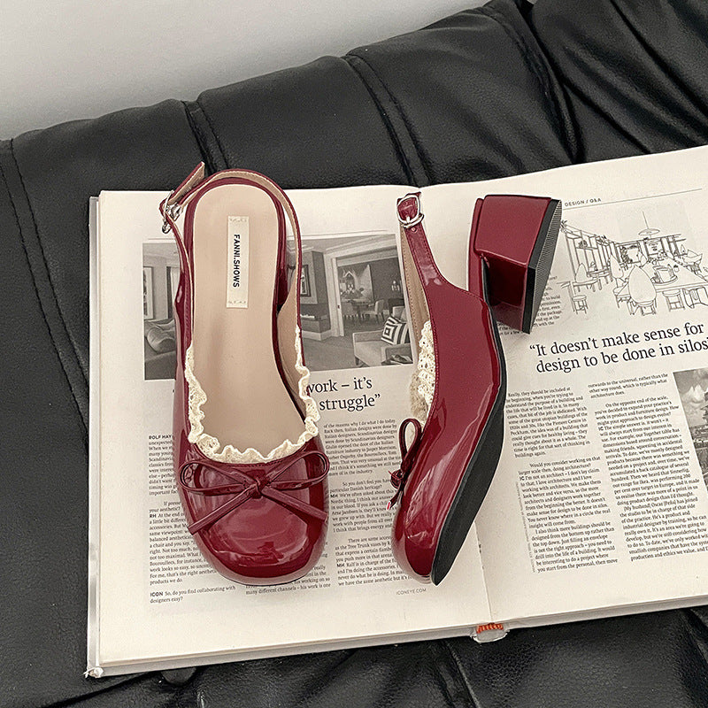 French niche design sense bow with lace thick heel cool slippers women's summer new one-word sandals