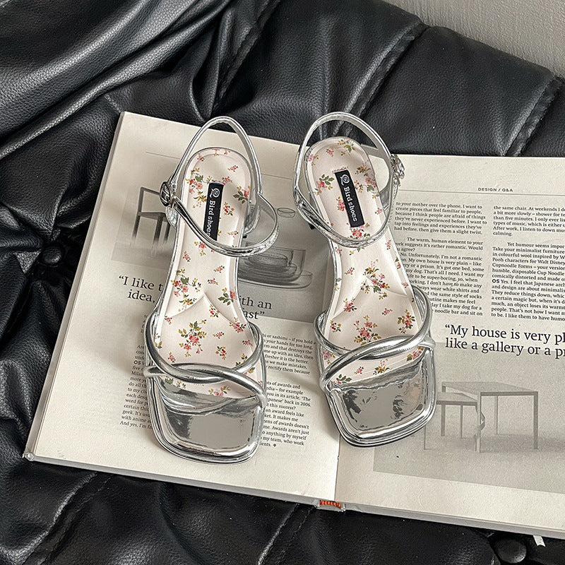 French fairy style bow word with high heel sandals female  summer new floral small fresh open-toed sandals  slippers