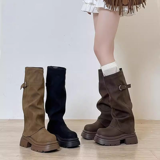 British popular foreign  boots women's autumn new small tall thick-soled fried street locomotive boots  shoes
