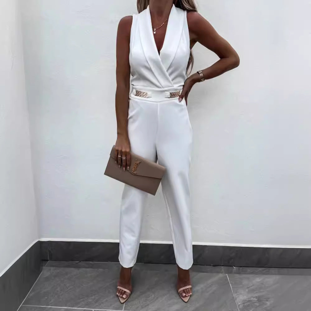 European and American women's clothing independent station new, sleeveless green fruit collar metal decorative backless slim jumpsuit suits