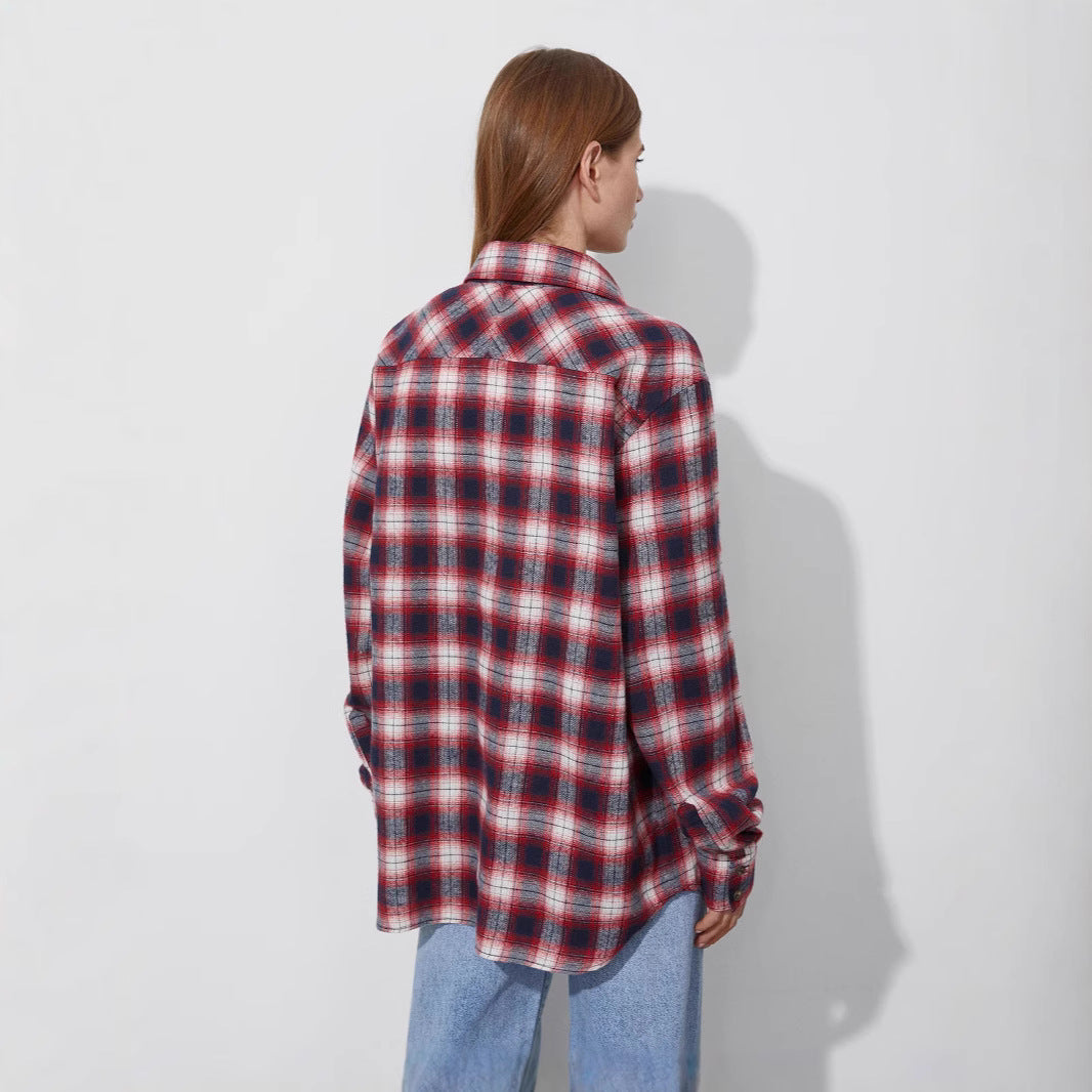 Plaid Shirt Women's European, American Spring and Summer Loose Versatile Shirt Pure Cotton Plaid Neutral Wind Shirt Women  t-shirts