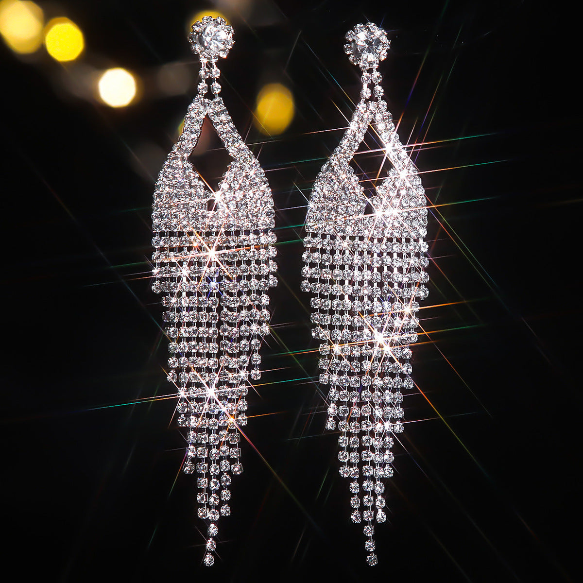 Europe, America, geometric hollow long fringed earrings women, fashion trend rhinestone stud earrings, ear jewelry wholesale