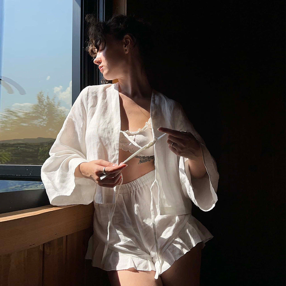 Cross-border pure cotton strap cardigan + shorts set European and American spring and summer new loose casual shorts set women  suits