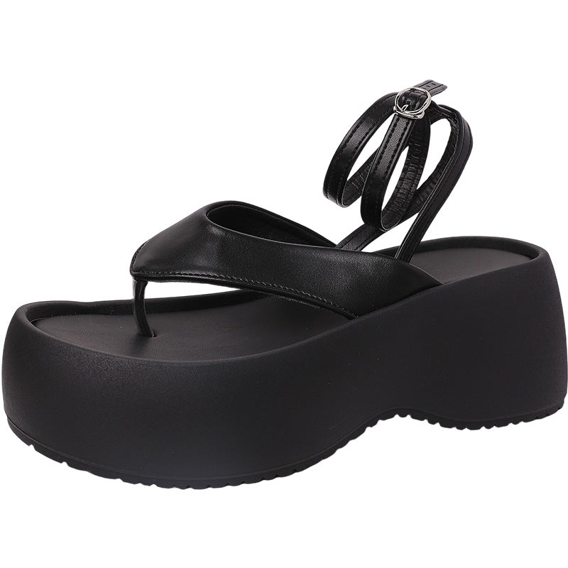 Small black strap-on toe platform sandals women's  fashion heightened wedge heel pinch Roman shoes sandals  slippers
