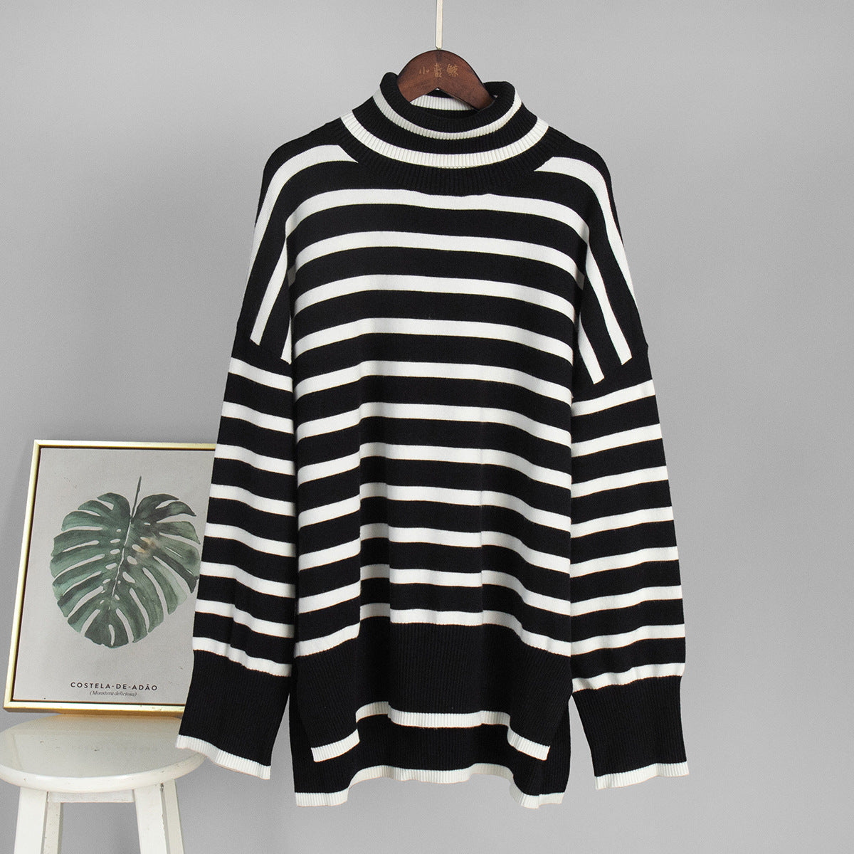 Turtleneck striped sweater women's Europe, America, autumn and winter new turtleneck pullover knitted sweater versatile loose sweater