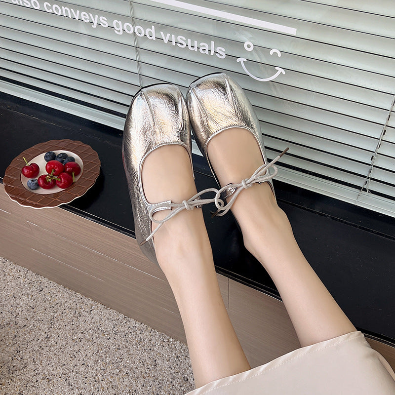 Vintage casual inner heightening single  beanie shoes women's  summer lace-up bow leather shoes comfortable ballet Mary Jane shoes