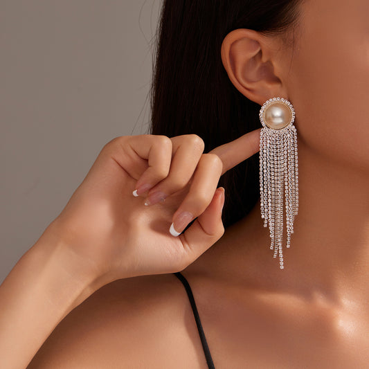 Dichka fashion geometric pearl zircon crystal long fringed earrings women's high-end luxury temperament stud earrings earrings