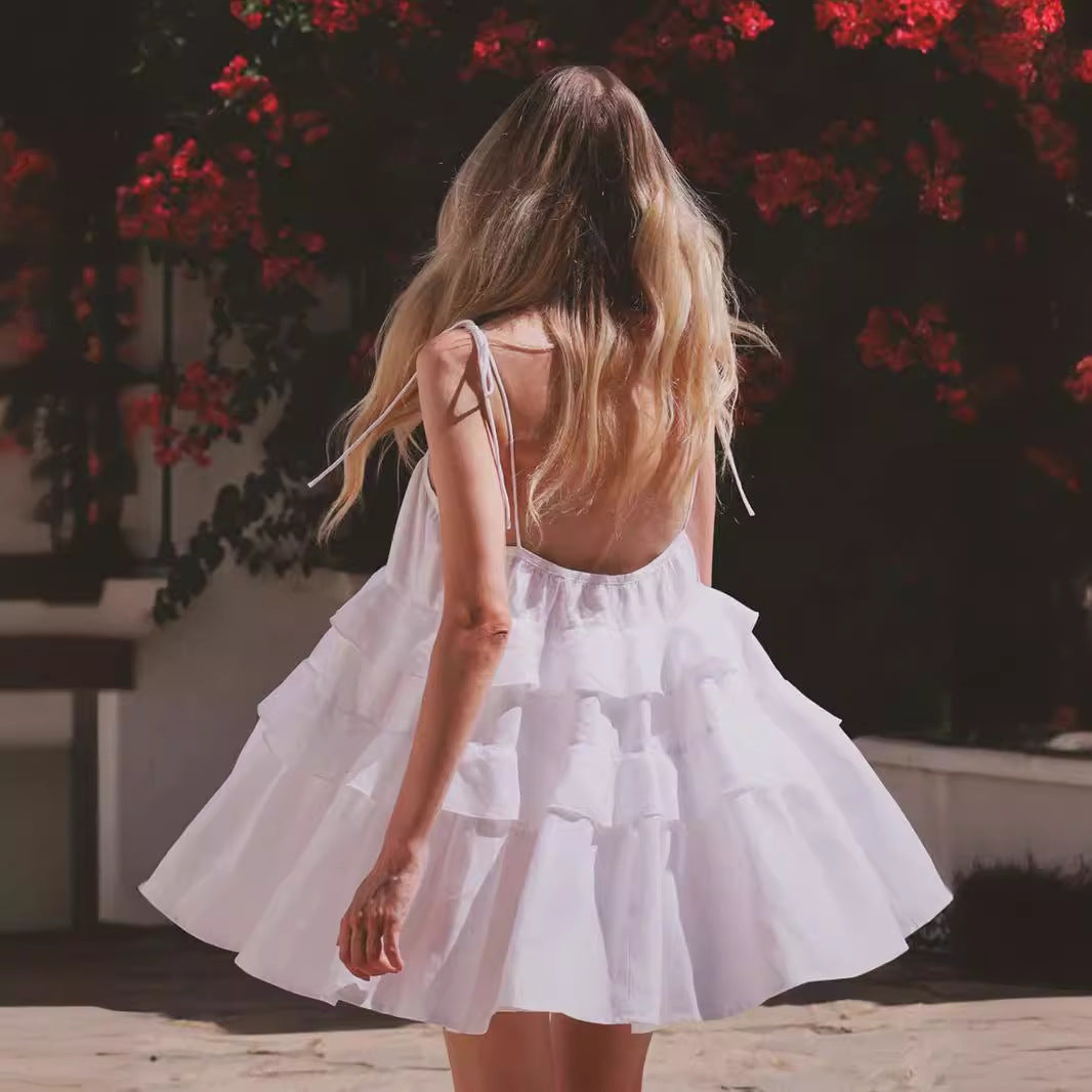 Suspender dress European and American summer multi-layer ruffle edge cake dress short backless suspender dress