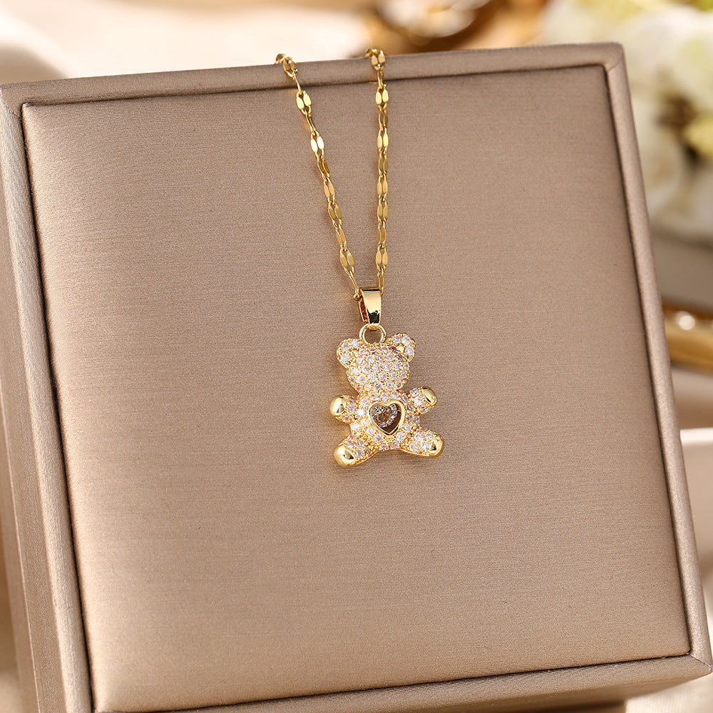 Korean version of the hot-selling titanium steel necklace women's micro-inlaid diamond teddy bear pendant versatile niche design collarbone chain jewelry