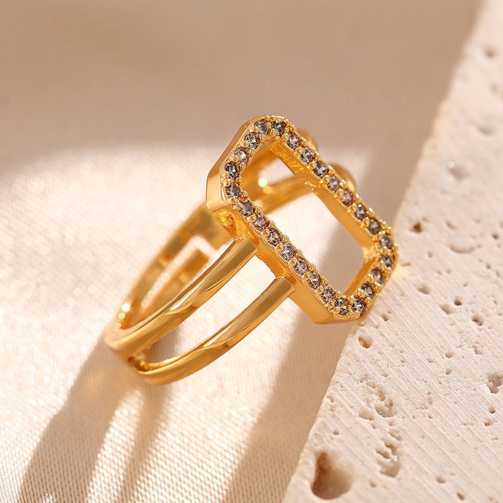 New ins wind zircon hollow opening rings 18k copper gold-plated geometric square ring women's personality jewelry spot