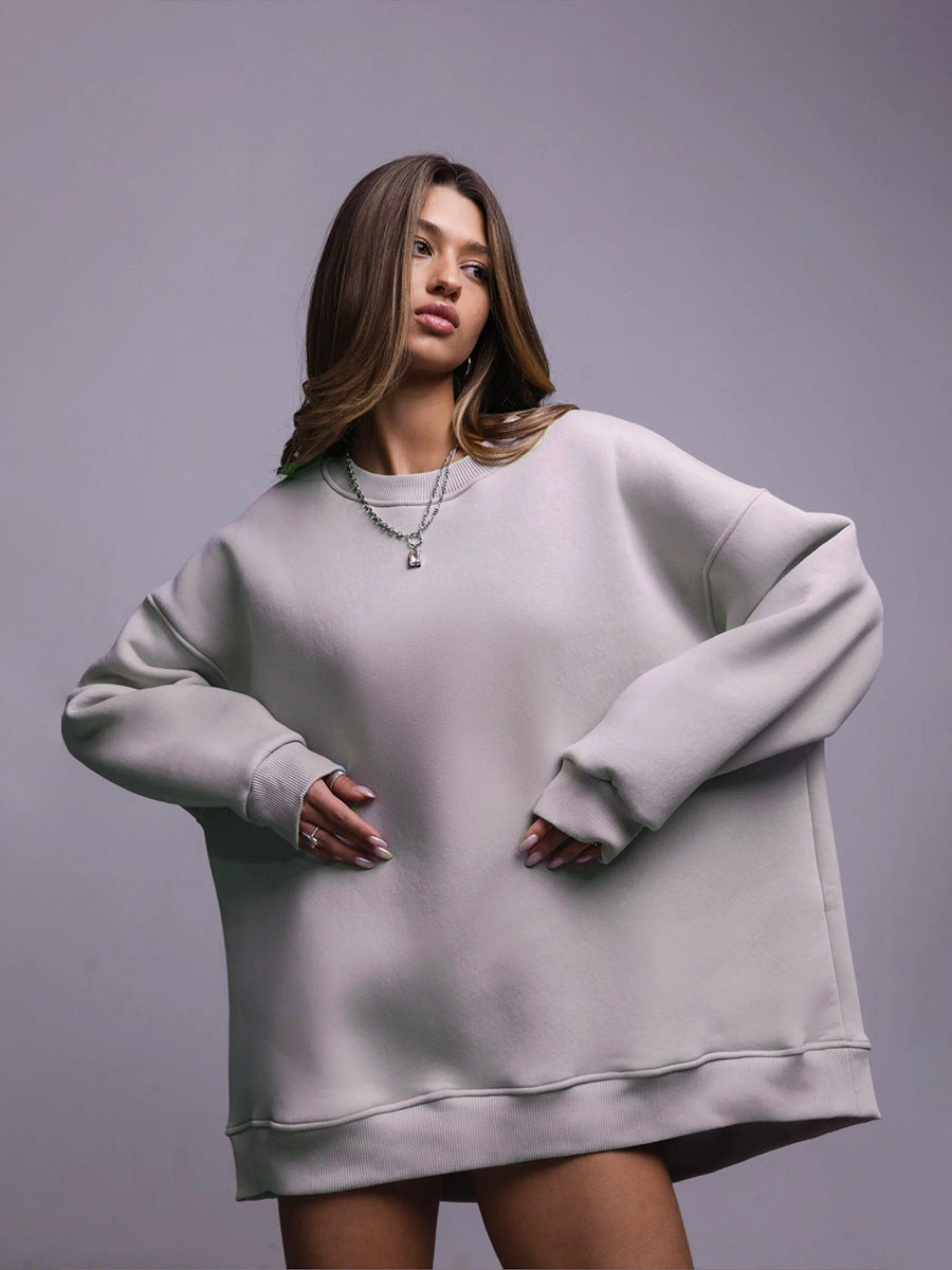 Solid color crew neck sweater European and American winter new women's fleece fleece fleece sweater casual crew neck sweater