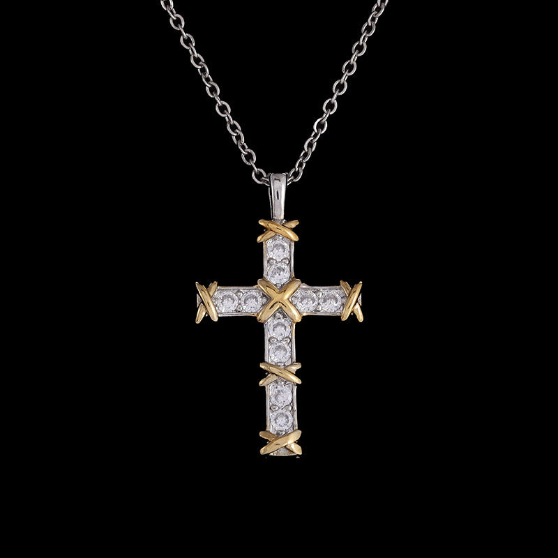 Creative and novel cross-plated 18k white gold two-color cross diamond necklace European and American XO-shaped personalized pendant
