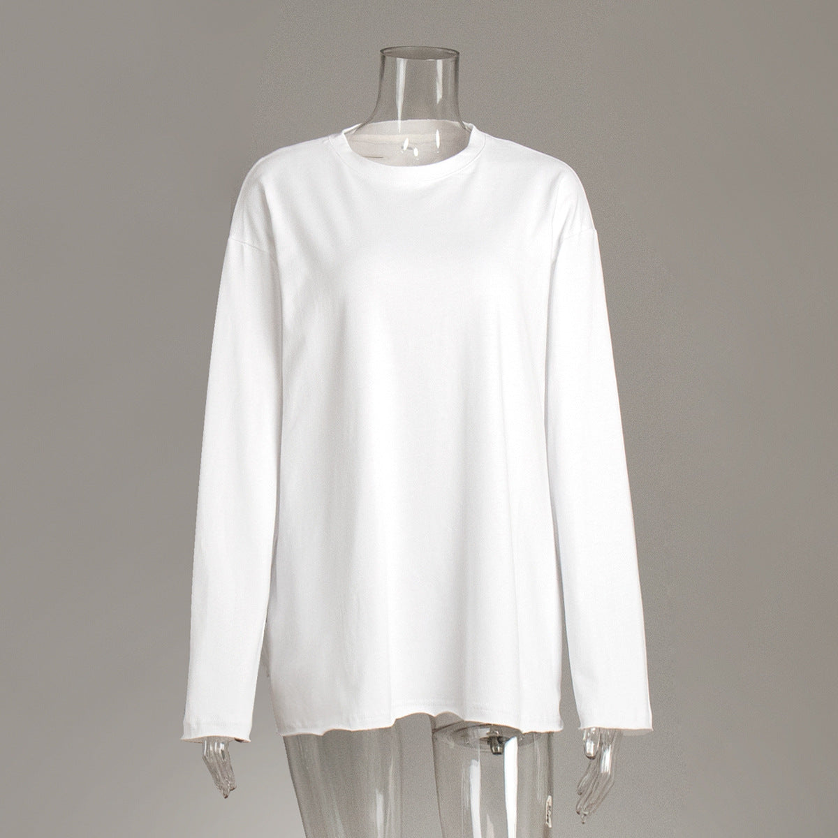 Pure cotton T-shirt women's European and American cross-border spring new loose solid color Oversize round neck long-sleeved t-shirts