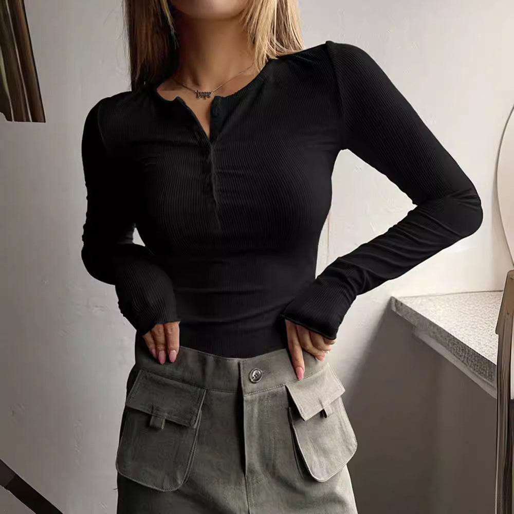 Autumn and winter women's new button ribbed slim knitted fir  T-shirts