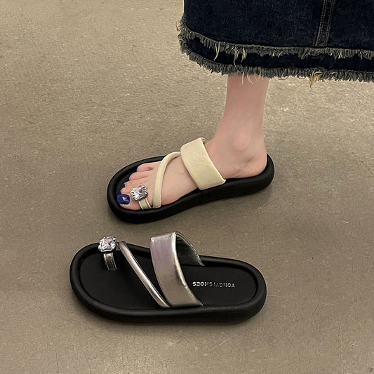 Fashion tribe Internet celebrity rhinestone cool slippers women's summer wear  spring new one-word strap foot thick bottom drag