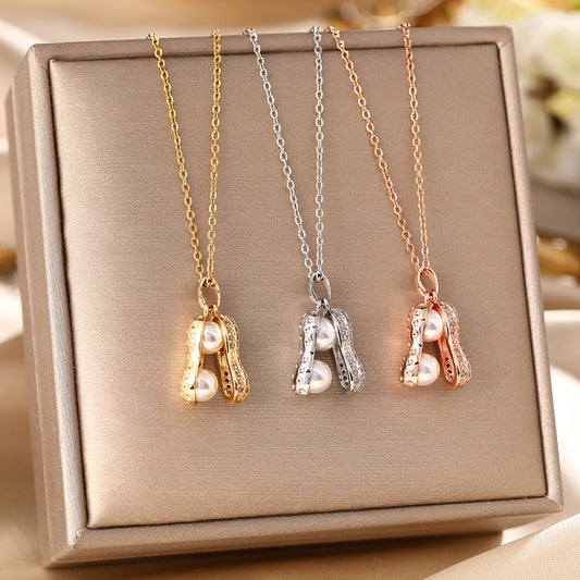 Korean version of cross-border hot-selling titanium steel necklace women's niche micro-inlaid high-grade pearl peanut pendant light luxury collarbone chain jewelry