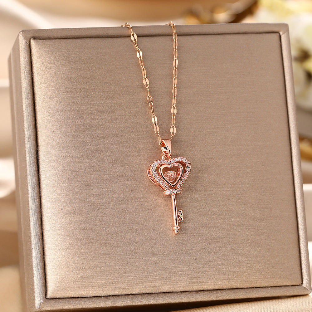 Japanese and Korean niche design sense smart key titanium steel necklace women's fashion love beating zircon Internet celebrity collarbone chain