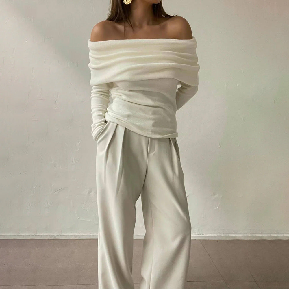 Cross-border new European and American style one-word shoulder temperament open shoulder design sense slim and thin chest-wrapped knitted sweater women