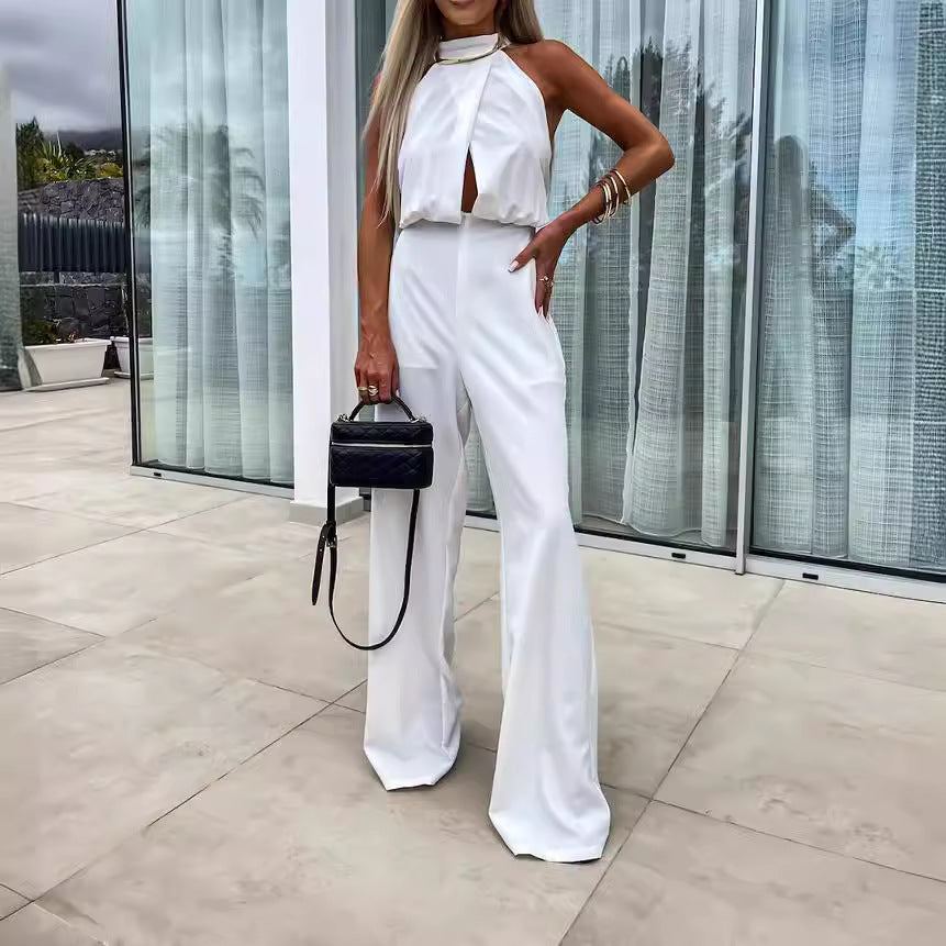 cross-border summer European and American women's clothing ins new fashionable semi-turtleneck sleeveless slim jumpsuit  suits