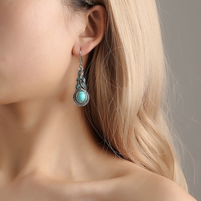 Europe and the United States new fashion retro suit blue crystal inlaid turquoise earrings hot Bohemian personality earrings