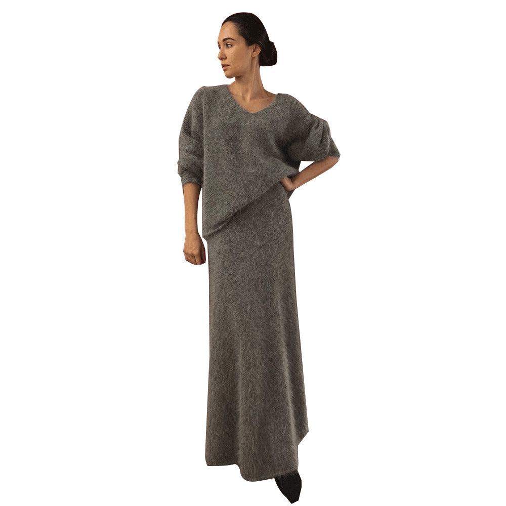 Imitation mink knitted set European and American autumn and winter new lazy V-neck sweater fishtail skirt set  suits