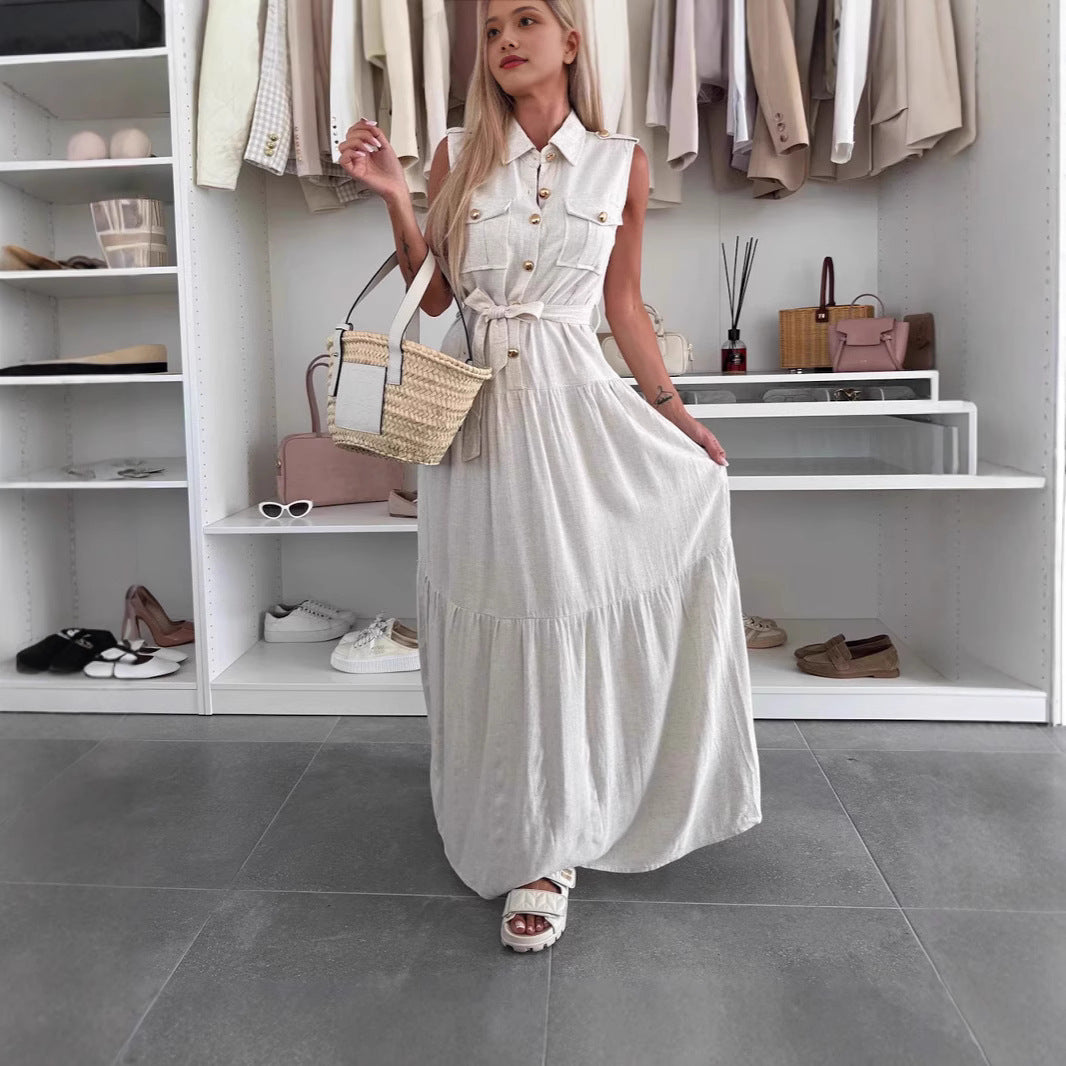 Summer European and American cross-border temperament commuter office dress solid color shirt collar single-breasted dress
