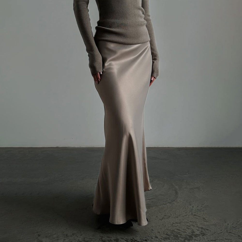 Fishtail skirt European and American spring satin satin satin long high-waisted hip-wrapped floor-mopping fishtail skirt  dress
