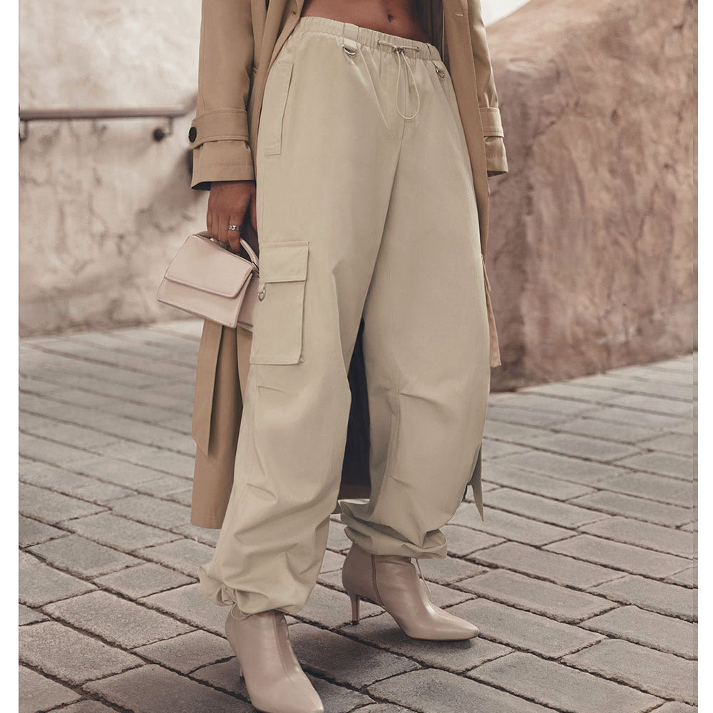 pant Overalls European and American spring and summer women's comfortable casual neutral wind drawstring large pocket wide-leg overalls  pant