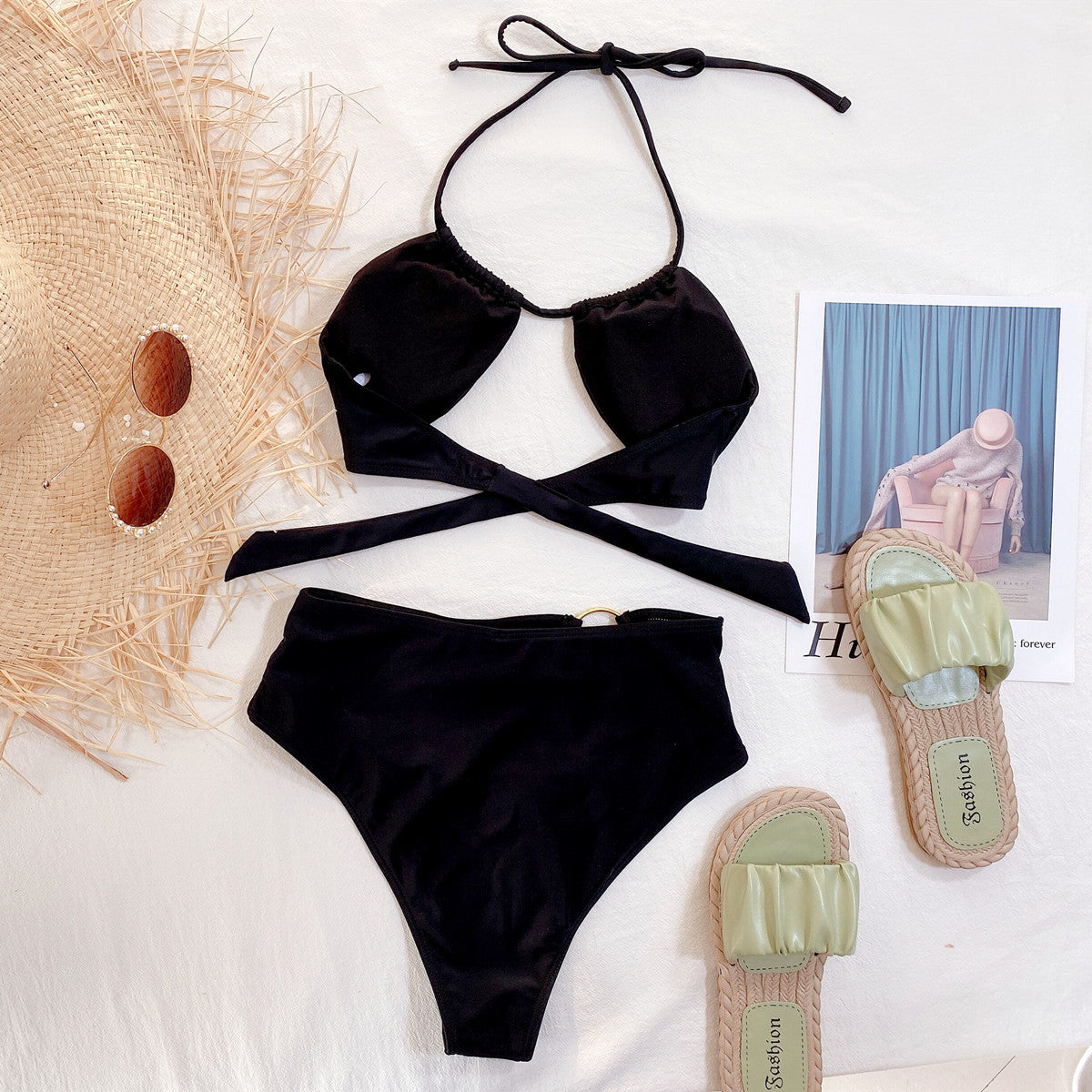 Europe and America Solid Color Sexy Hollow Bikini Women's Split Swimsuits