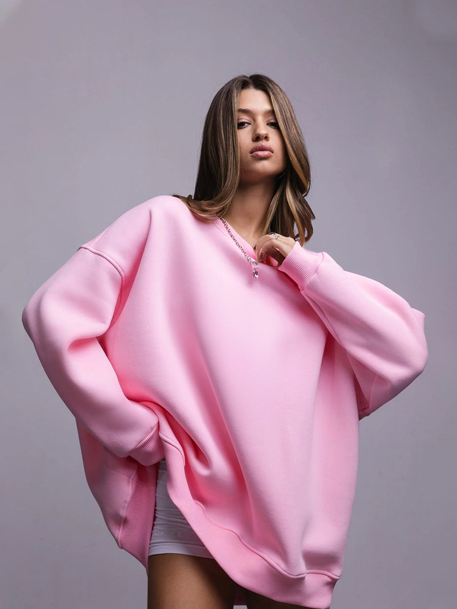 Solid color crew neck sweater European and American winter new women's fleece fleece fleece sweater casual crew neck sweater