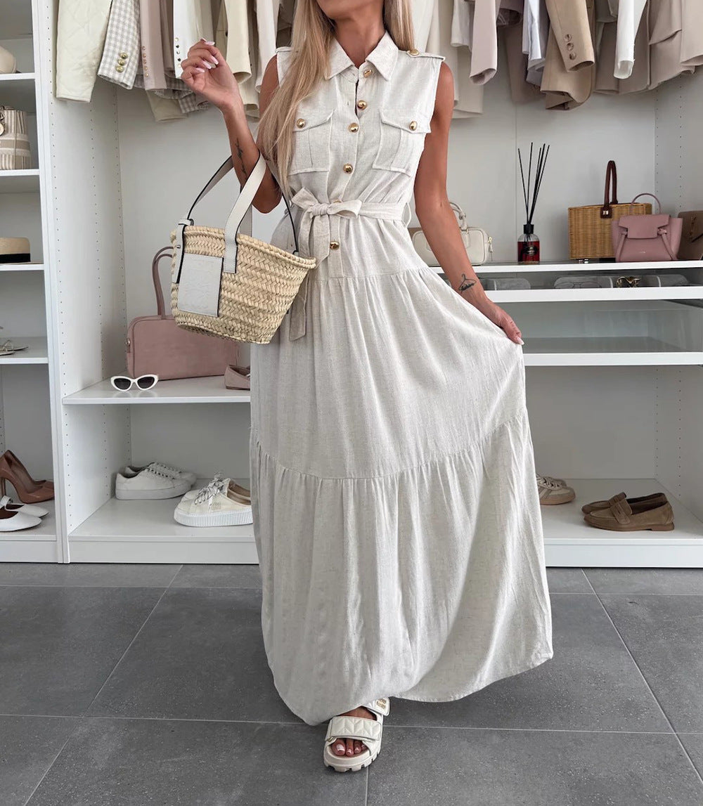 Summer European and American cross-border temperament commuter office dress solid color shirt collar single-breasted dress